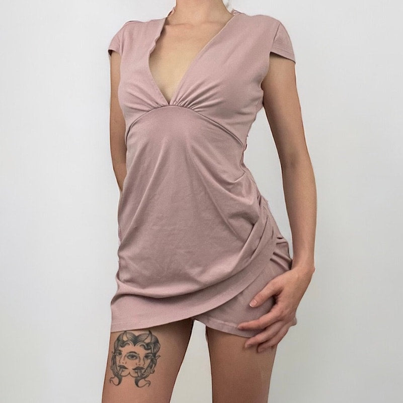 Super Down Pink A-Line V-Neck Cinched Side Mini Dress