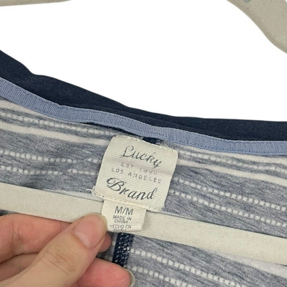 Lucky Brand Navy Blue & White Boho Striped Long Crewneck Top