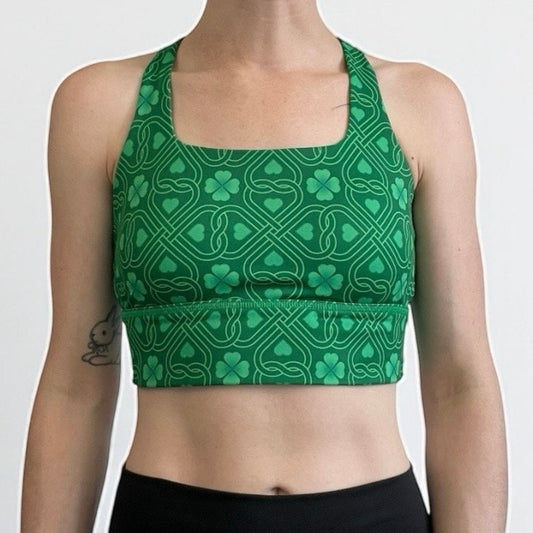 Green Lucky Four Leaf Clover Strappy Racerback Padded Sports Bra