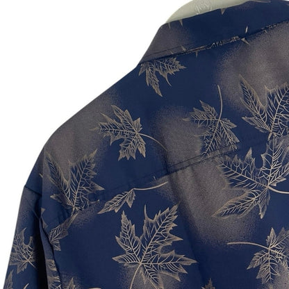 Mens Navy Blue & Gold Foil Fall Leaf Print Short Sleeve Button Down Shirt