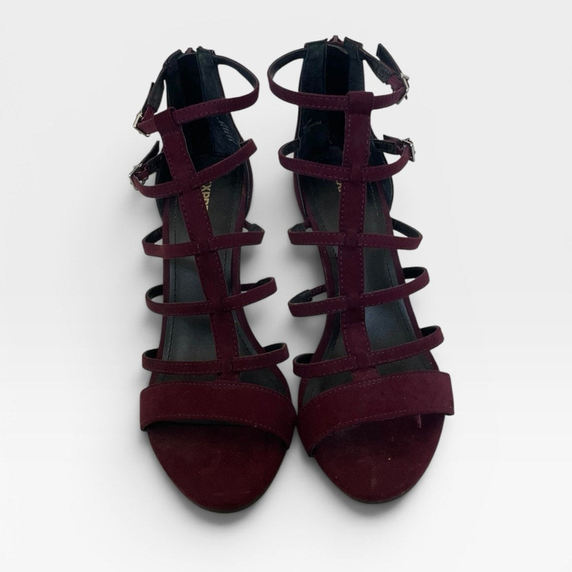 Express Burgundy Faux Suede Strappy Cage Stiletto Heels