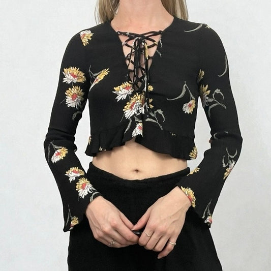 L.A. Hearts Black Floral Long Bell Sleeve Lace Up Cropped Top