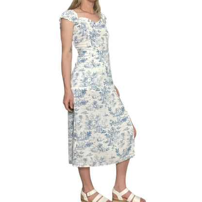 NWOT Cider Blue & White Boho Side Slit Ruffled Sleeve A-Line Midi Dress