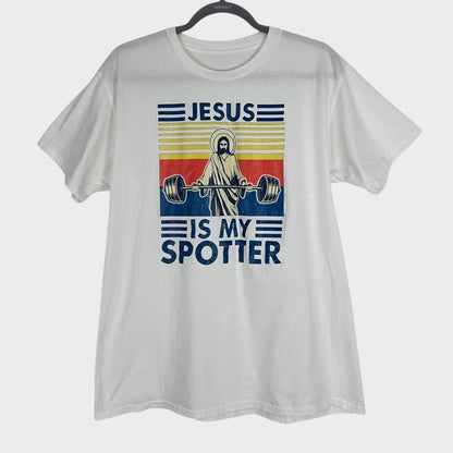 Jesus Is My Spotter Mens White Short Sleeve Graphic Tee