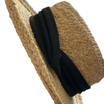 Natural Woven Straw Black Band Boater Wide Brim Sun Hat