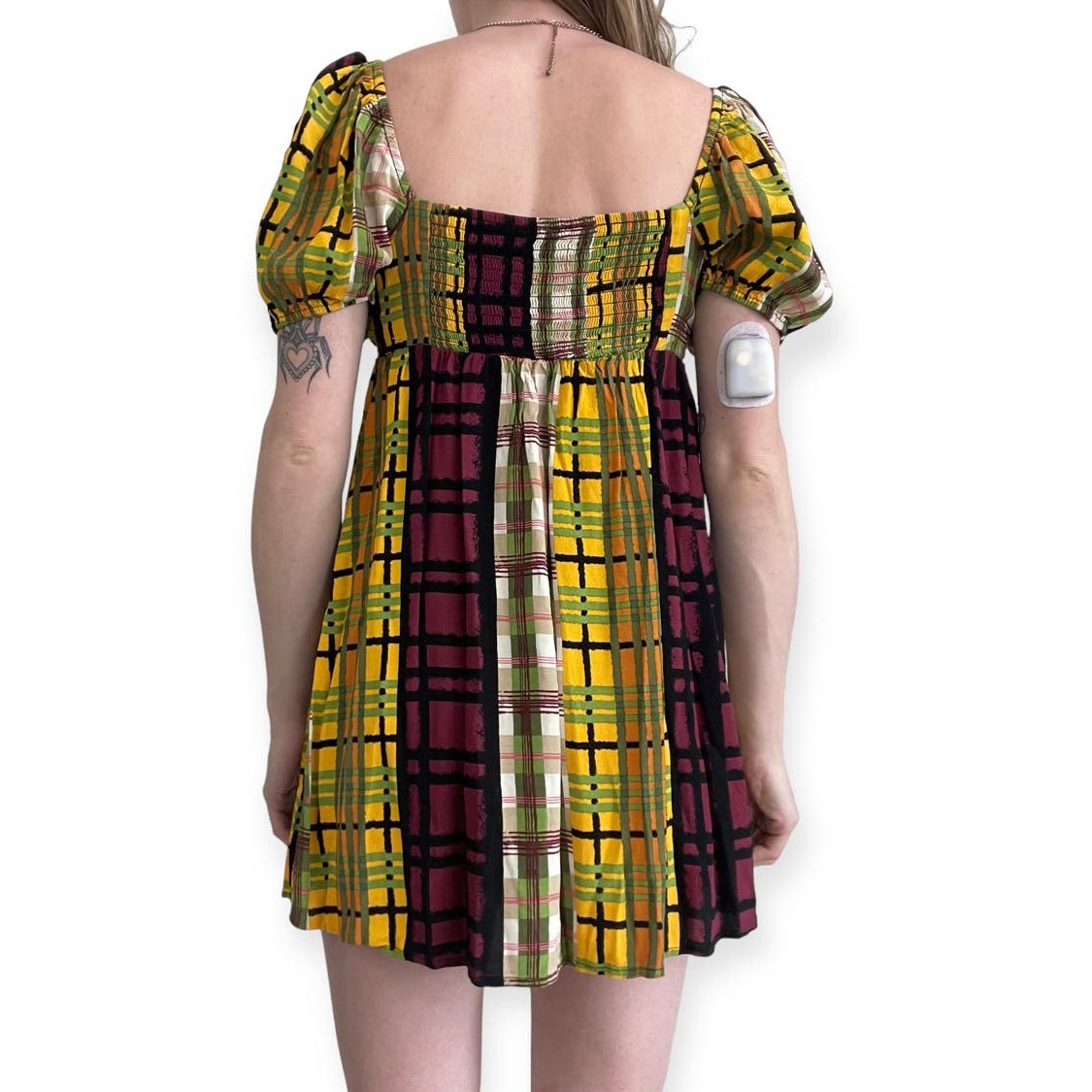 Forever 21 Colorful Plaid Puff Sleeve A-Line Mini Dress