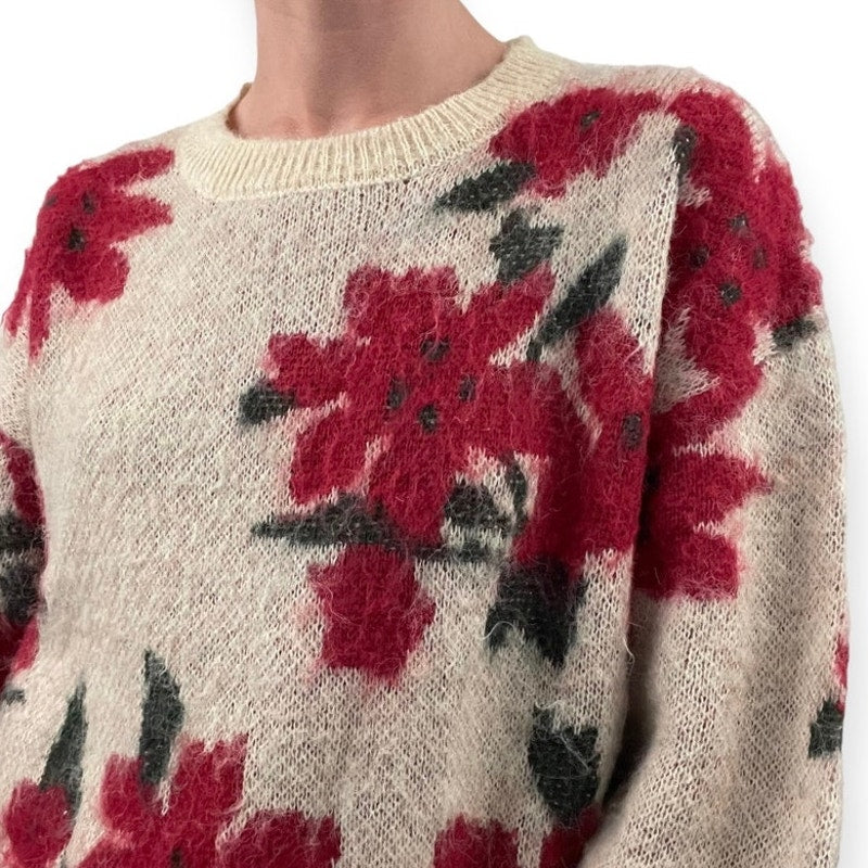 Zuiki Cream and Red Floral Knit Sweater