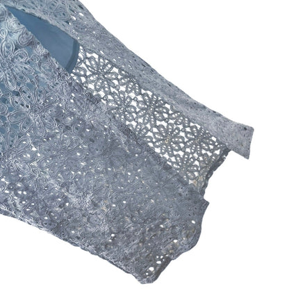 NWT Saints + Secrets Steel Blue Sheer Lace Open Back Side Slit Midi Dress