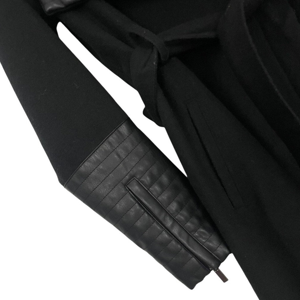 Bagatelle Black Faux Leather Trim Belted Moto Wrap Coat