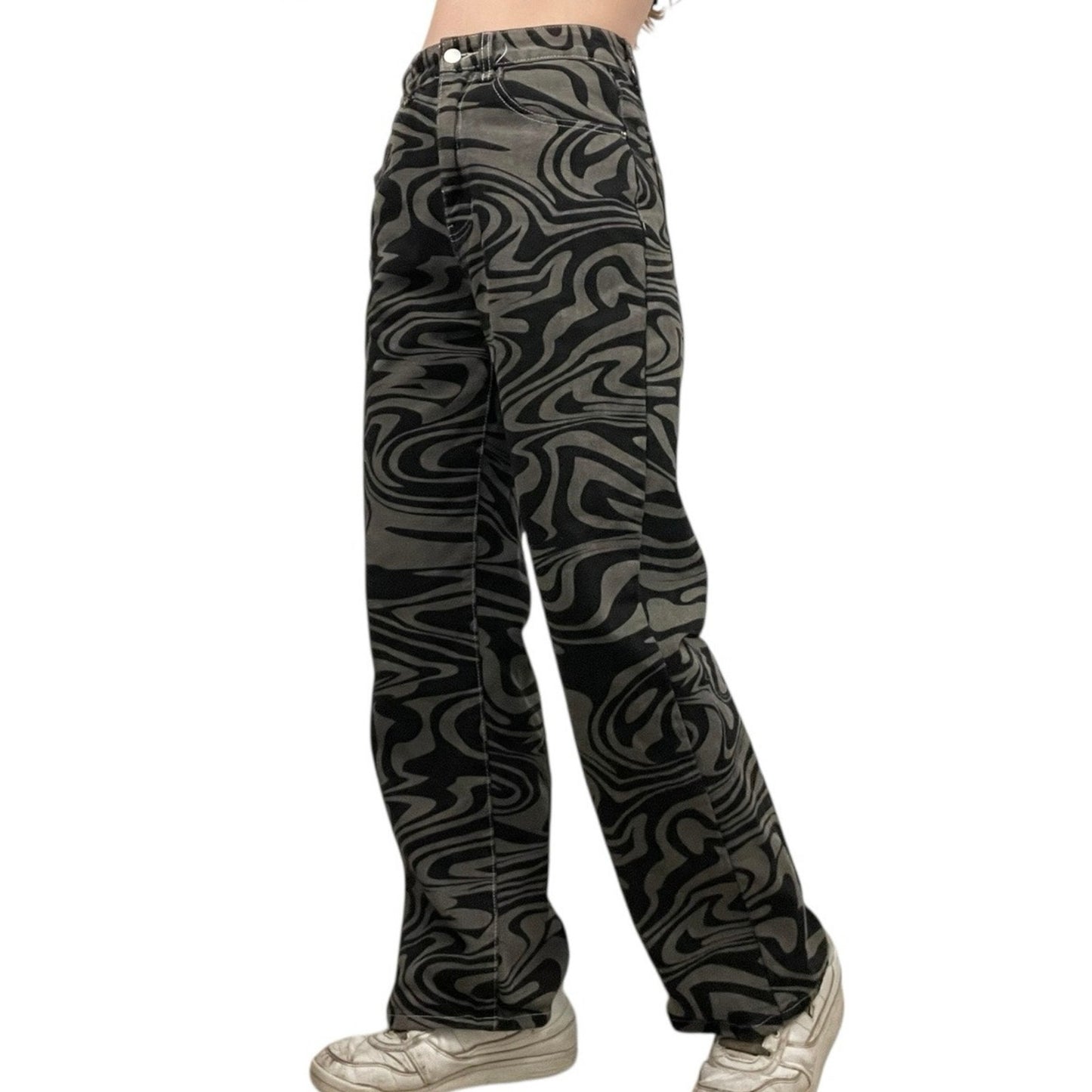 SHEIN High Rise Grey & Black Abstract Swirl Denim Statement Pants