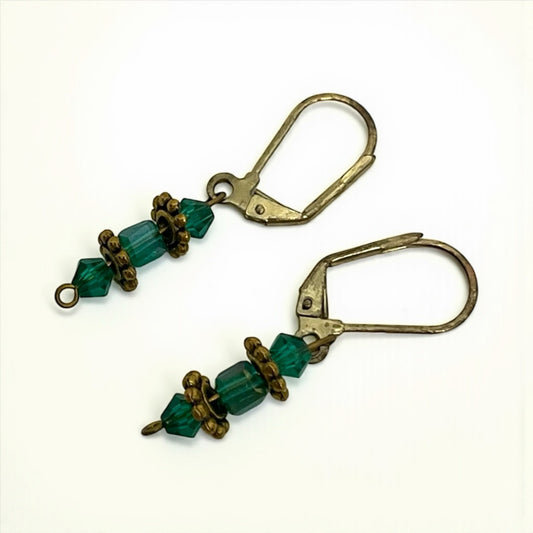 Vintage Green Beaded Gold Earrings
