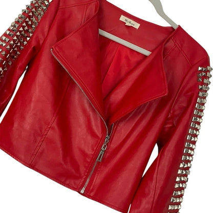 My Boo Red Faux Leather Studded Moto Jacket