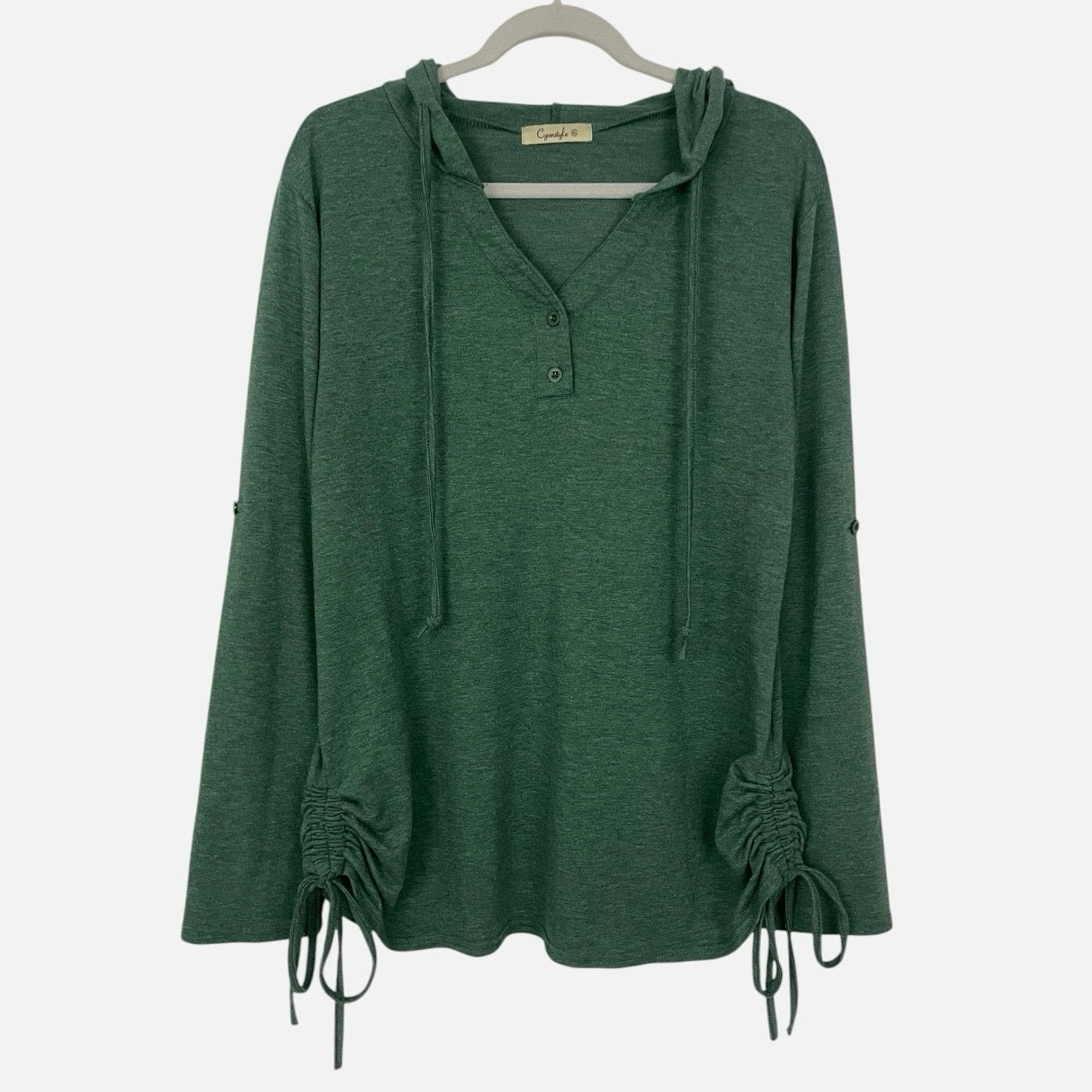 Cyanstyle Green Ruched Side Tie Henley Hoodie