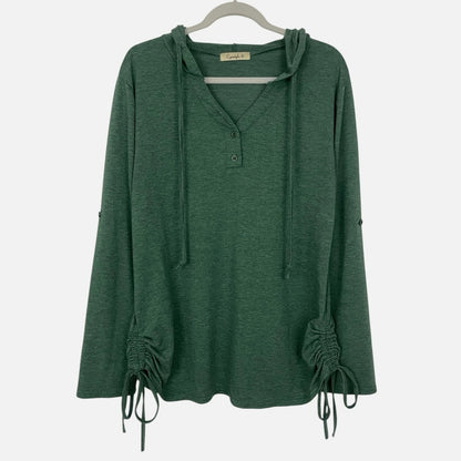Cyanstyle Green Ruched Side Tie Henley Hoodie