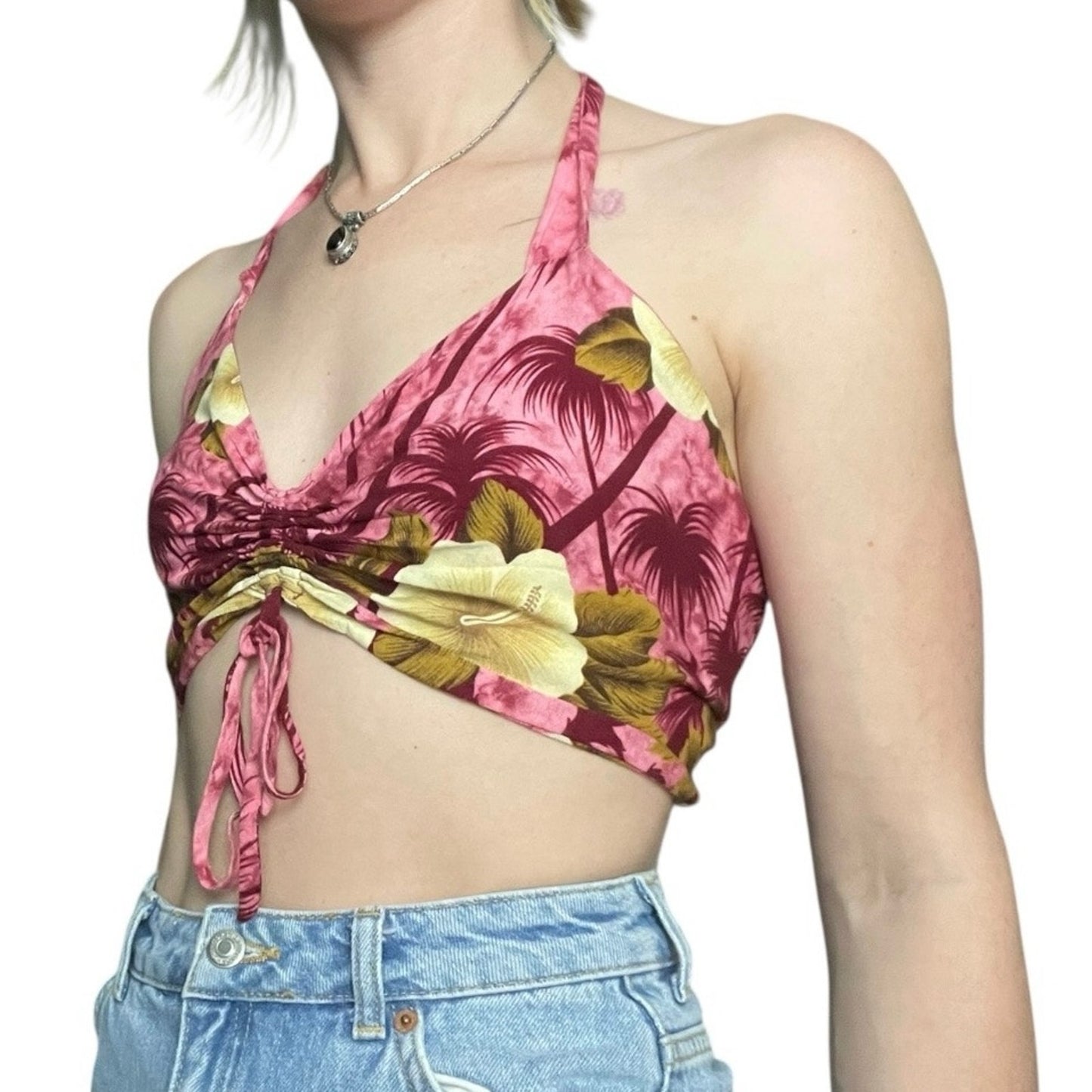 Hibiscus Collection Hawaii Tropical Floral Halter Neck Open Tie Back Cropped Top