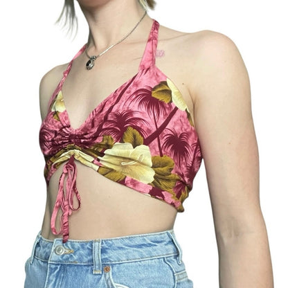 Hibiscus Collection Hawaii Tropical Floral Halter Neck Open Tie Back Cropped Top