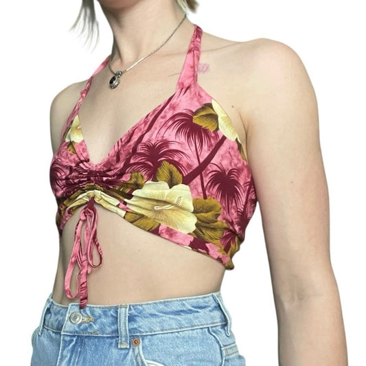 Hibiscus Collection Hawaii Tropical Floral Halter Neck Open Tie Back Cropped Top