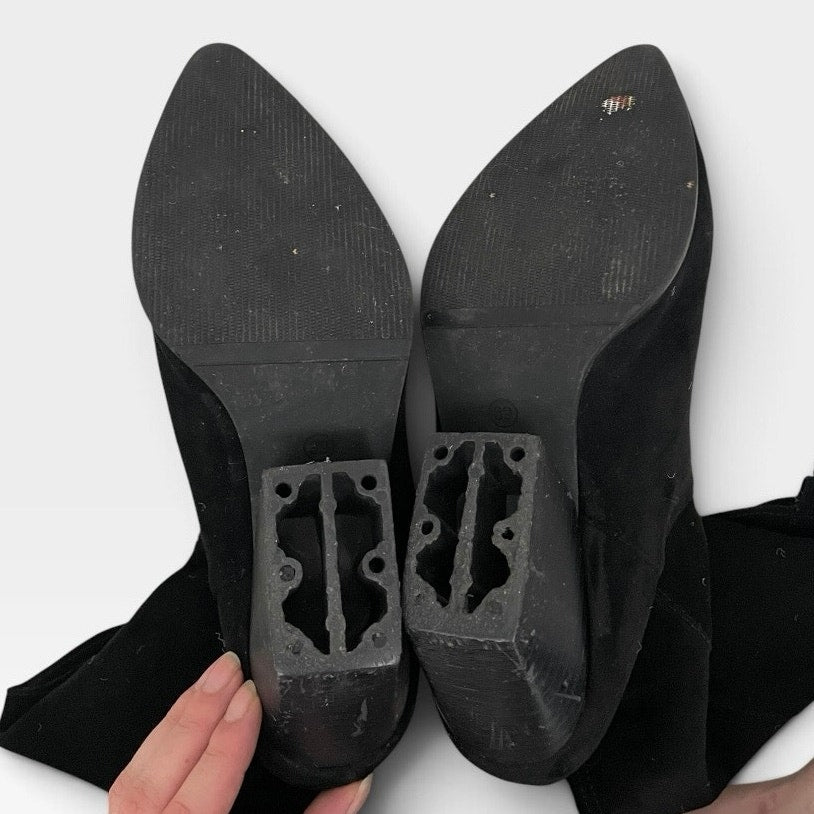 Black Faux Suede Pointed Toe Mid-Calf Heeled Boots