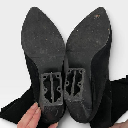 Black Faux Suede Pointed Toe Mid-Calf Heeled Boots