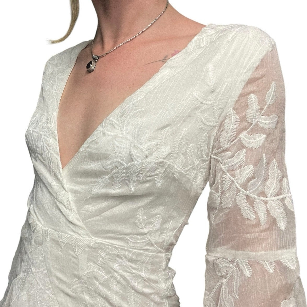 NWT Selfie Leslie White Leaf Lace Layered Sheer Long Puff Sleeve Mini Dress