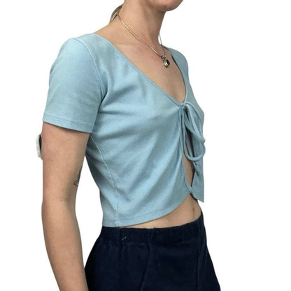 Romwe Blue Ribbed Tie Front Cropped Short Sleeve V-Neck Top