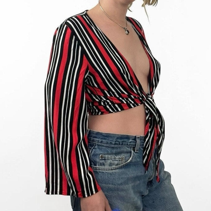ONLY Red & Black Striped Tie Front Bell Sleeve Top