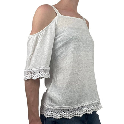 Sanctuary White Cold Shoulder Boho Lace Trim Blouse