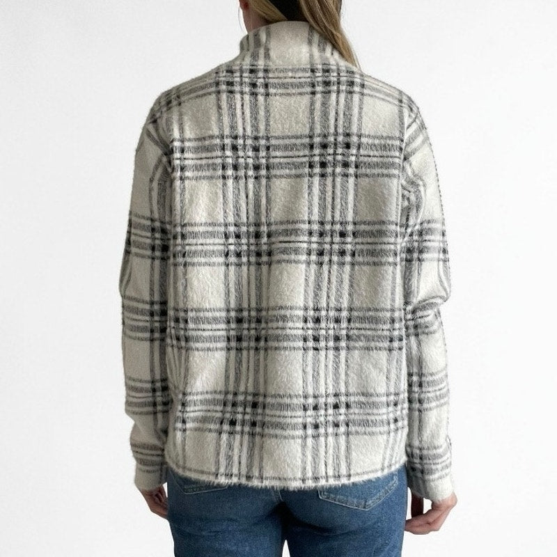 Tahari White & Black Plaid High Neck Fuzzy Knit Sweater