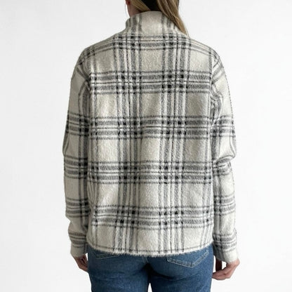 Tahari White & Black Plaid High Neck Fuzzy Knit Sweater