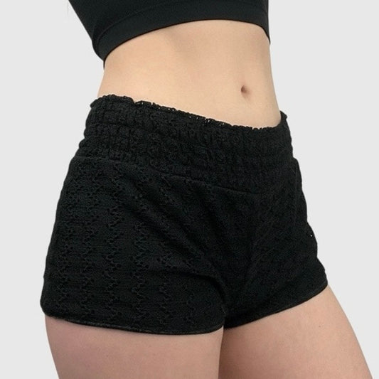No Boundaries Black Lace Crochet Open Knit Cheeky Mini Shorts