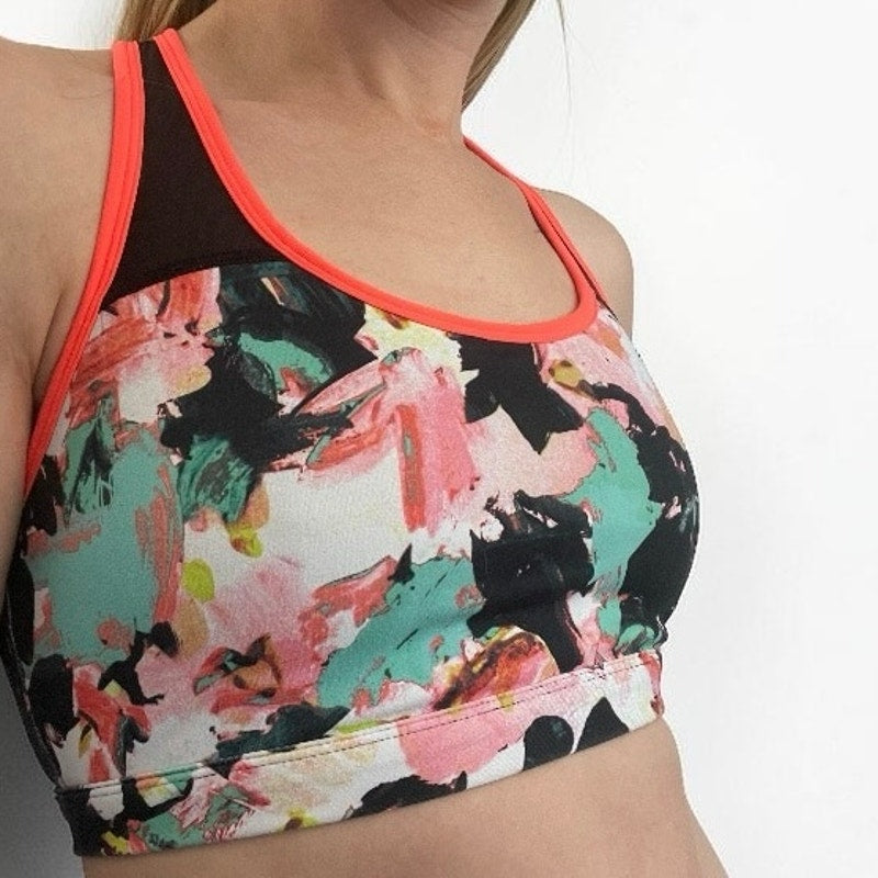 Fabletics Colorful Abstract Floral Print Racerback Sports Bra
