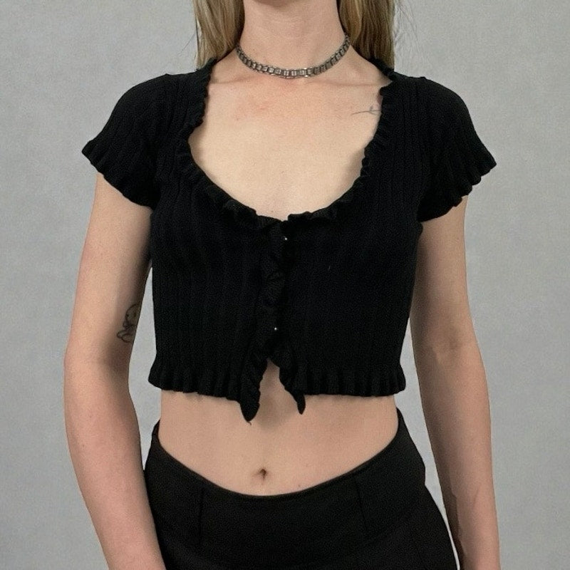Better Be Black Ribbed Cropped Button Down Ruffled Short Sleeve Top
