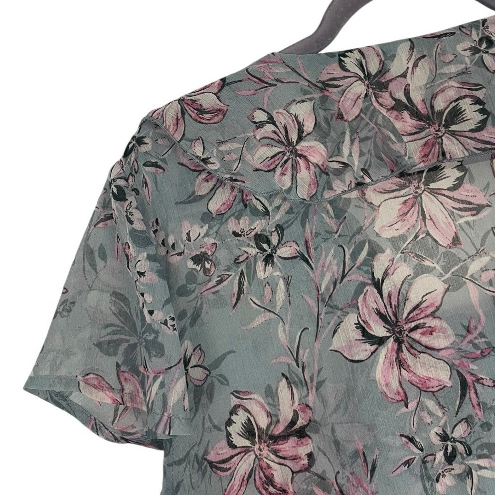 Sheer Grey & Pink Floral Ruffled V-Neck Blouse