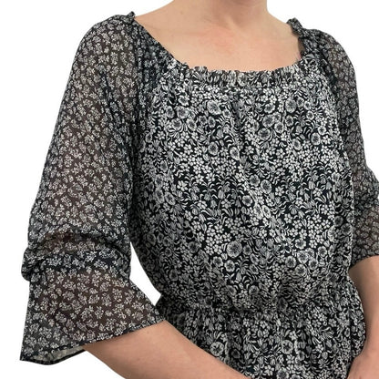 LOFT Black & Black Floral Layered Half Sleeve A-Line Mini Dress