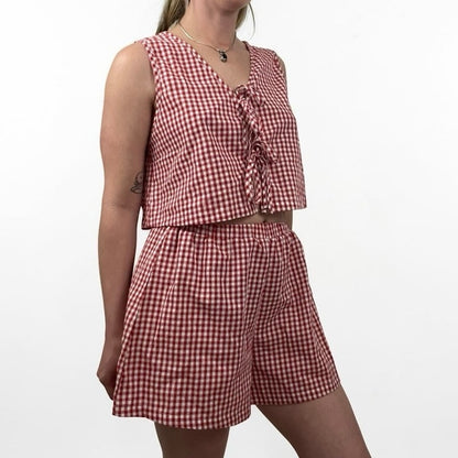 Red & White Gingham Tie Front Cropped Top & Mini Shorts Matching Set