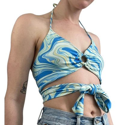 Ginger G Blue Swirly Funky 70s Cutout Halter Neck Strappy Top