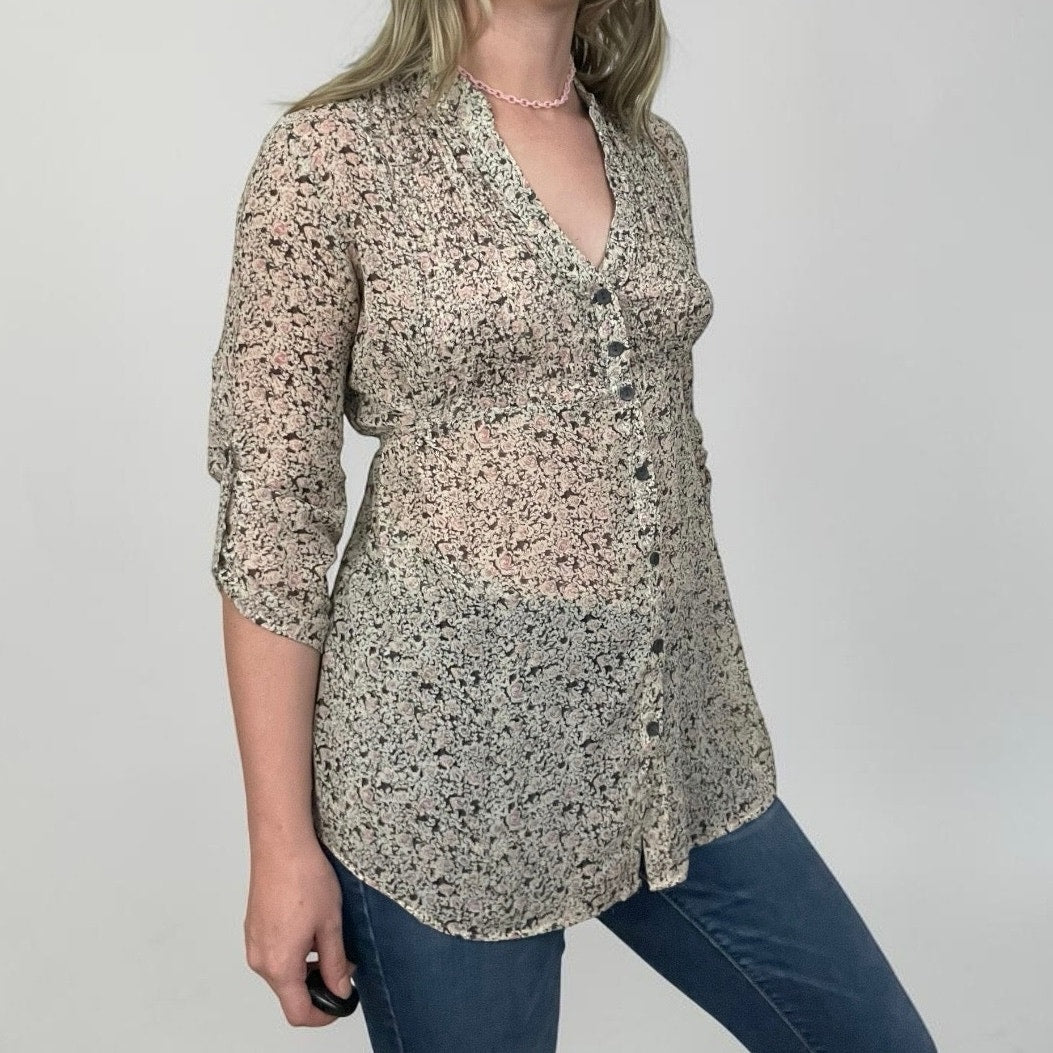 Forever 21 Sheer Floral Tie Back Button Down Blouse
