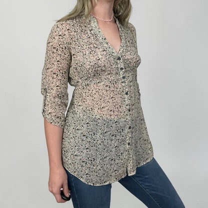 Forever 21 Sheer Floral Tie Back Button Down Blouse