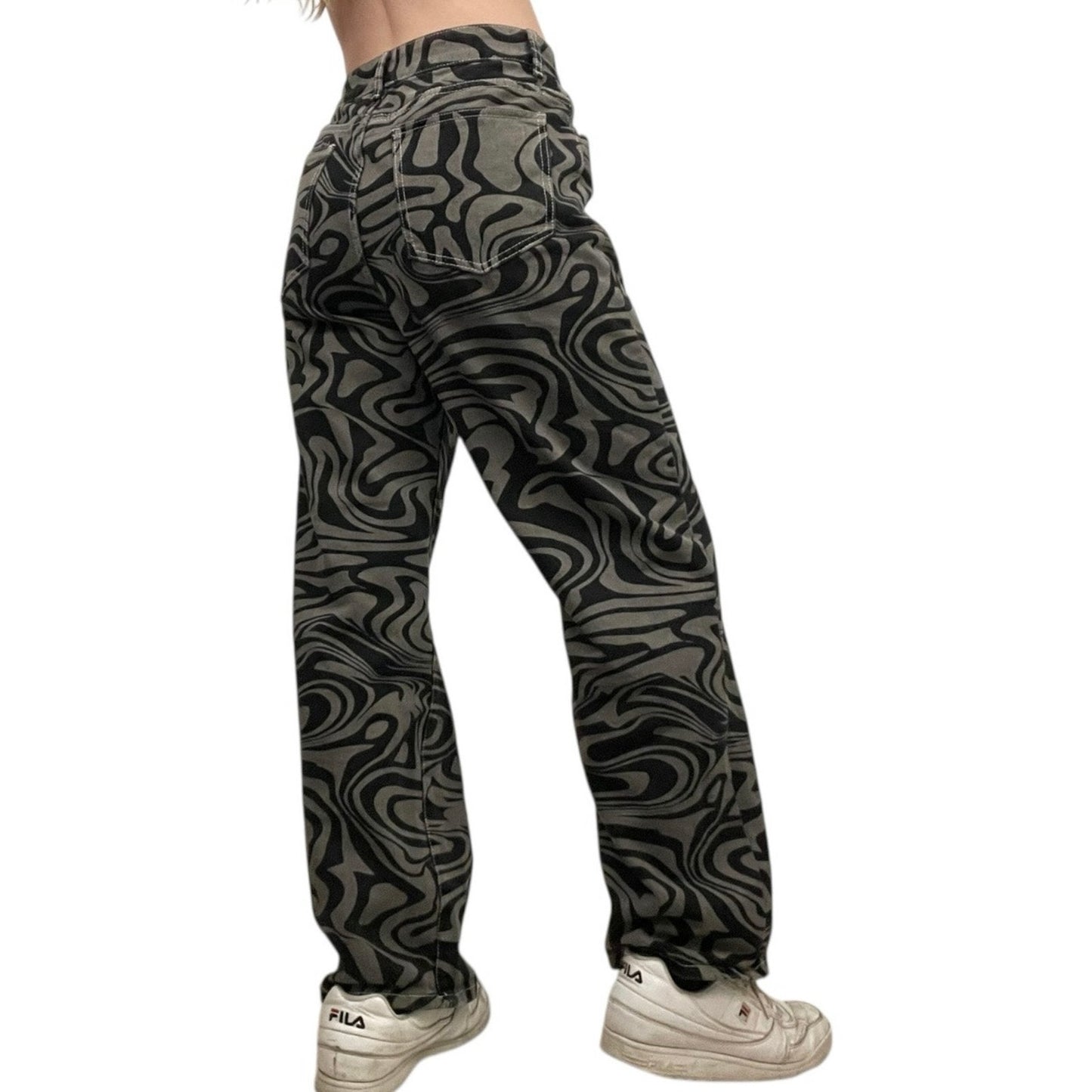 SHEIN High Rise Grey & Black Abstract Swirl Denim Statement Pants