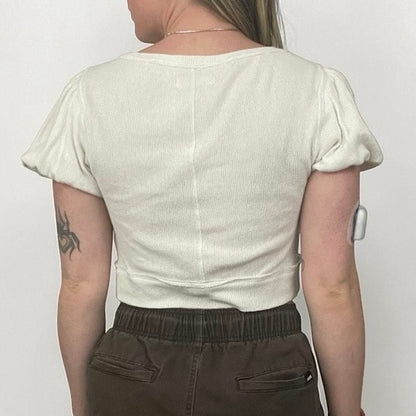 We The Free White Ribbed Button Front Puff Sleeve Cropped Top