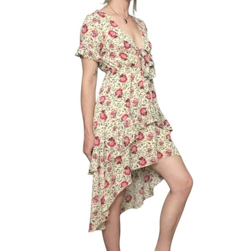 Nasty Gal Cream & Red Floral Hi-Low Tiered Cutout Tie Front Midi Dress