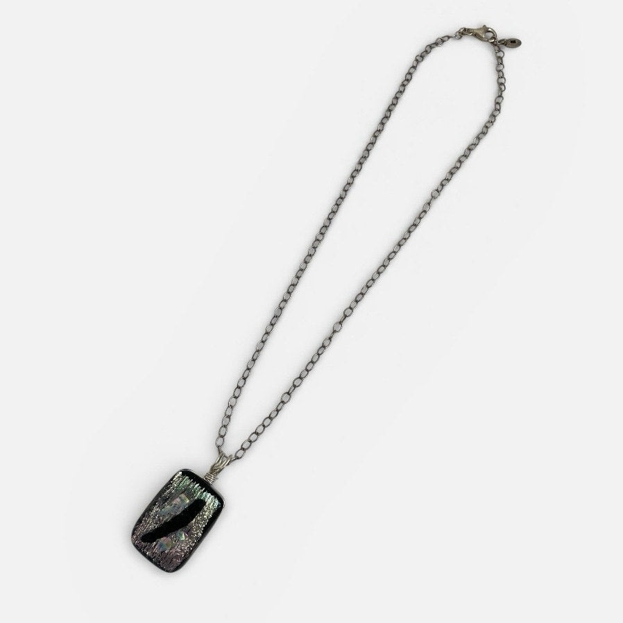 Vintage Abstract Black Iridescent Glass Pendant Silver Chain Statement Necklace