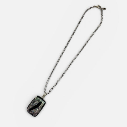 Vintage Abstract Black Iridescent Glass Pendant Silver Chain Statement Necklace