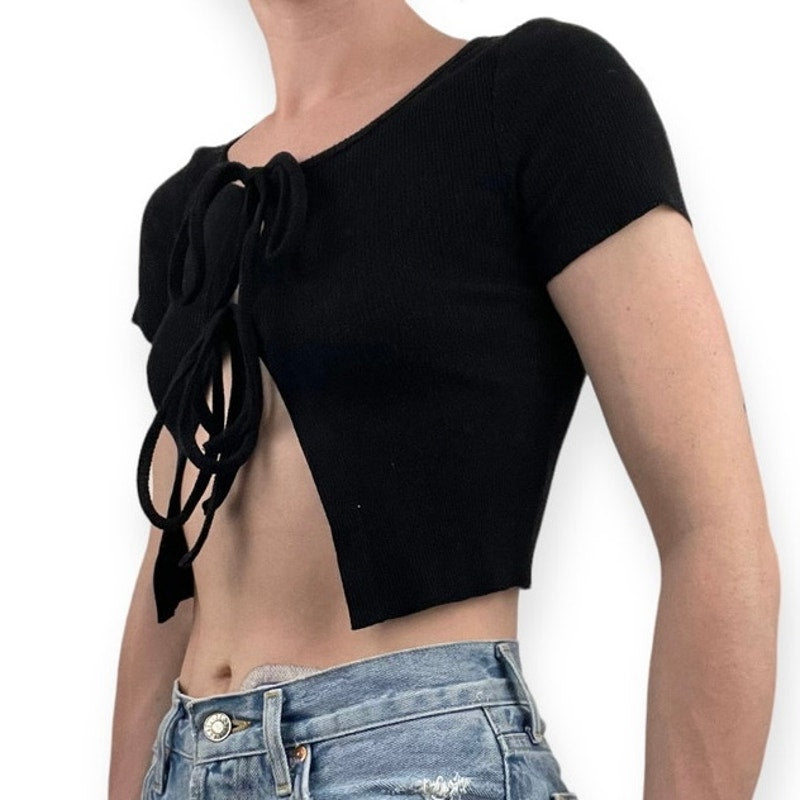 Nasty Gal Black Ribbed Cropped Lace Up Short Sleeve Top