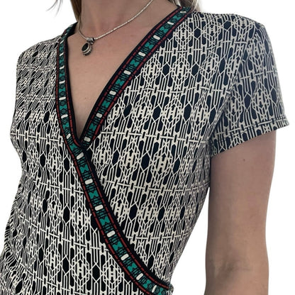 Max Studio Black & White Geometric Teal Trim V-Neck Mini Tie Back Wrap Dress