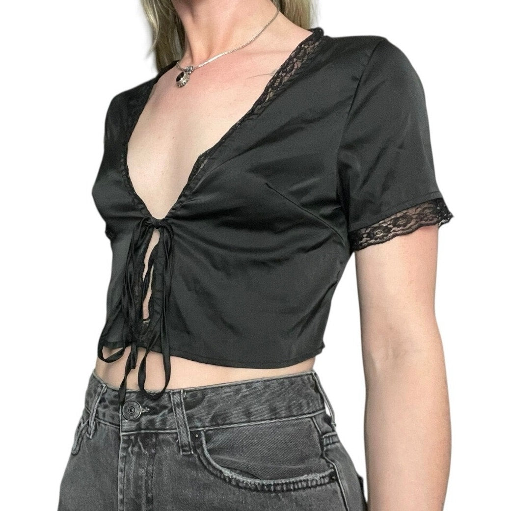 SHEIN Black Silky Lace Trim Tie Front Cropped Short Sleeve Blouse