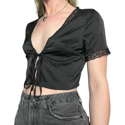 SHEIN Black Silky Lace Trim Tie Front Cropped Short Sleeve Blouse