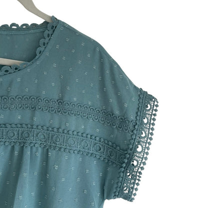 Sheer Teal Swiss Dot Short Sleeve Lace Trim Blouse