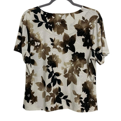 JM Collection Vintage Floral Brown & White Embroidered Short Sleeve Blouse