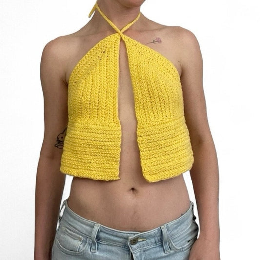 Yellow Knit Open Front Halter Neck Cropped Top